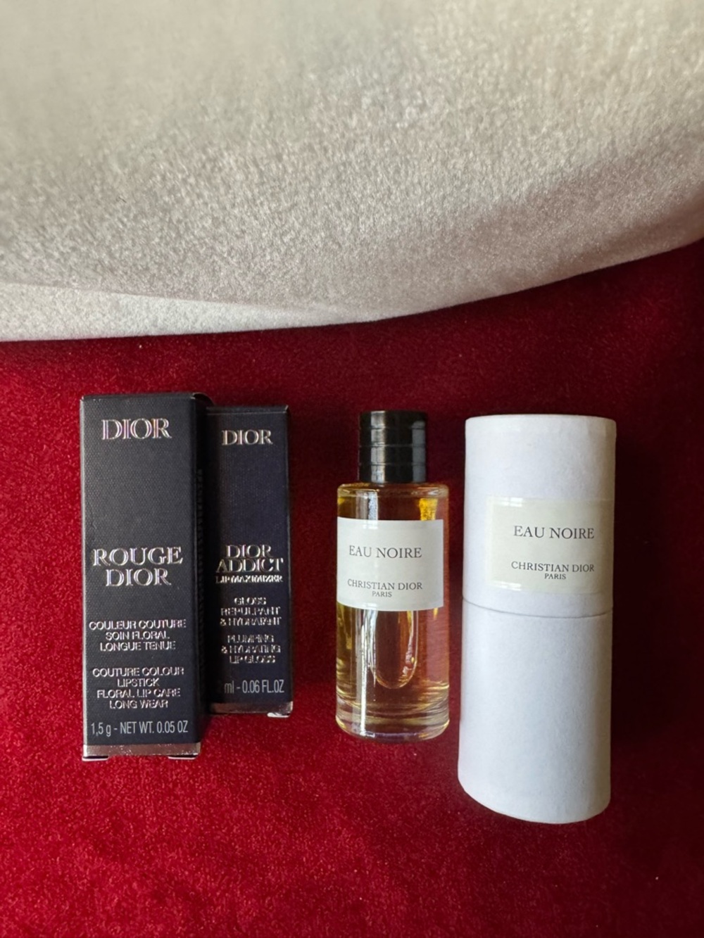 Dior White Velvet Pouch with Gold Logo and Mini Lip Gifts
